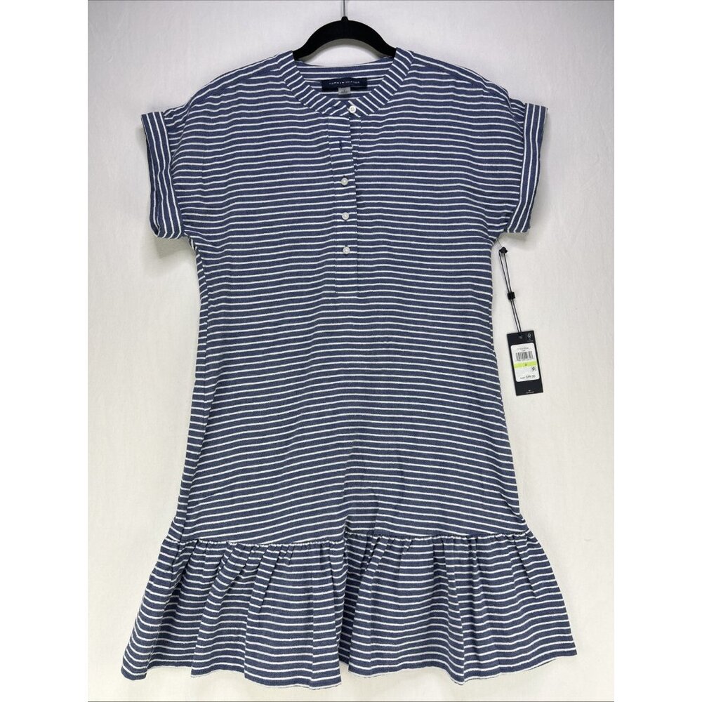 Tommy Hilfiger Womens Size 4 Blue White Striped Dress Ruffle Hem Cap Sleeve